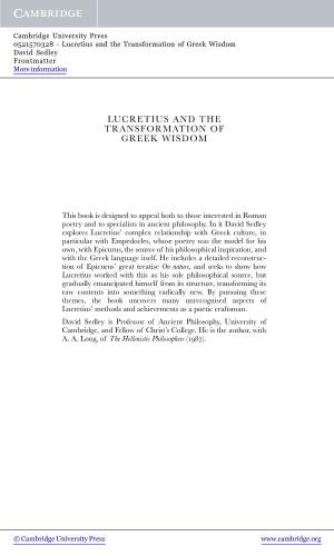 Lucretius and the Transformation of Greek Wisdom David Sedley Frontmatter More Information
