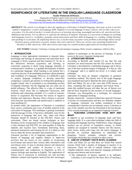 SIGNIFICANCE of LITERATURE in the ENGLISH LANGUAGE CLASSROOM Saadia Mahmood-Ul-Hassan Department of English, Lahore Leads University, Lahore, Pakistan