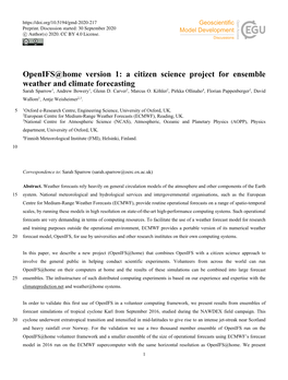 Openifs@Home Version 1: a Citizen Science Project for Ensemble Weather and Climate Forecasting Sarah Sparrow1, Andrew Bowery1, Glenn D