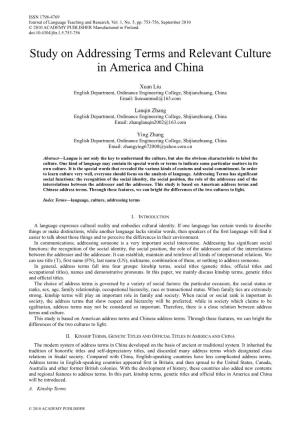 Study on Addressing Terms and Relevant Culture in America and China