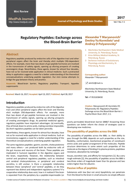 Regulatory Peptides: Exchange Across Alexander T Maryanovich1 Dmitry Yu Kormilets2 and the Blood-Brain Barrier Andrey D Polyanovsky3