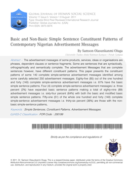 Basic and Non-Basic Simple Sentence Constituent Patterns of Contemporary Nigerian Advertisement Messages by Samson Olasunkanmi Oluga