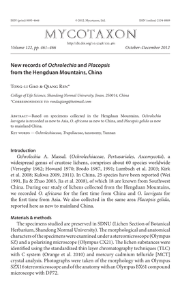 New Records of &lt;I&gt;Ochrolechia&lt;/I&gt; and &lt;I&gt;Placopsis