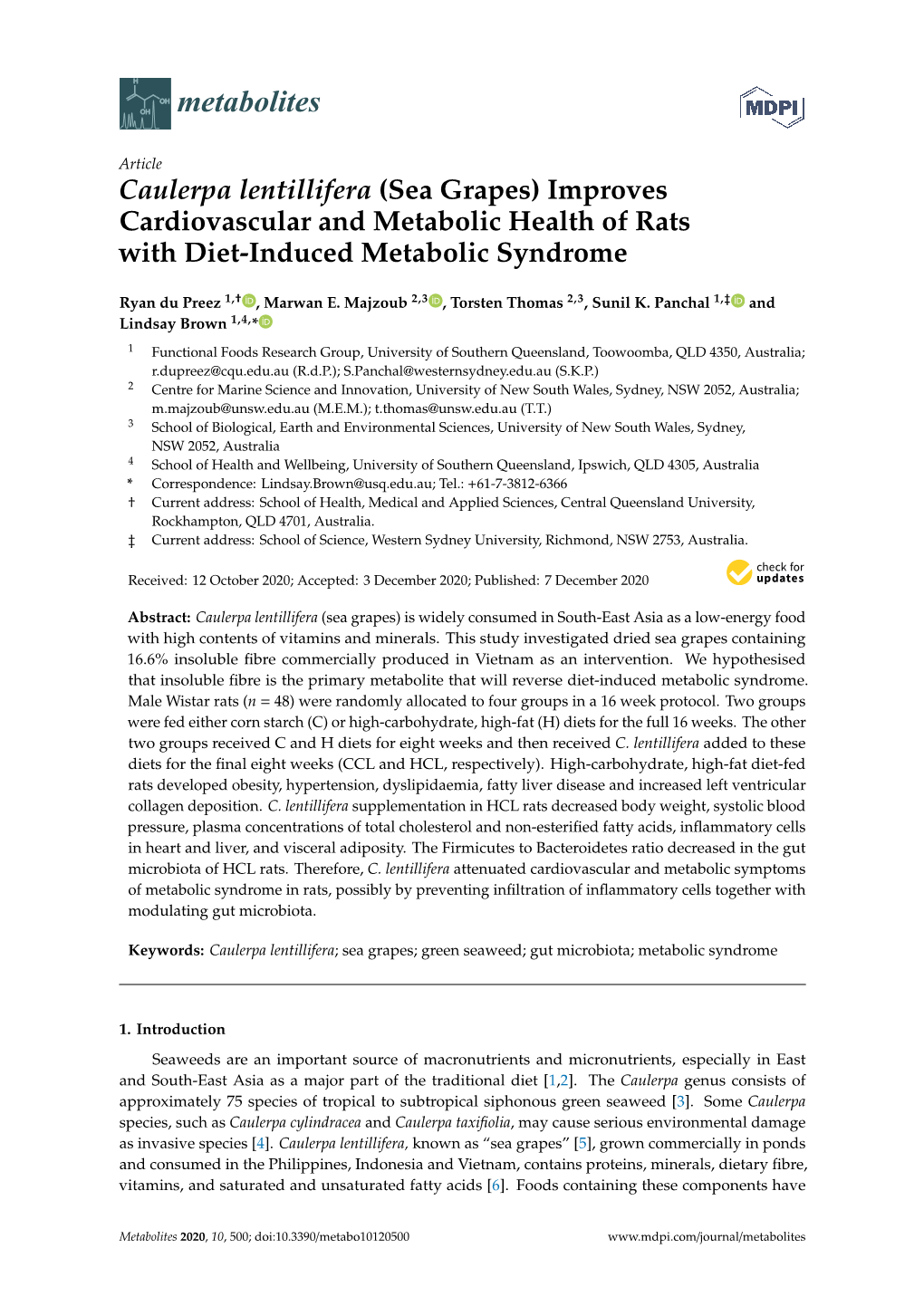 Caulerpa Lentillifera (Sea Grapes) Improves Cardiovascular and Metabolic Health of Rats with Diet-Induced Metabolic Syndrome