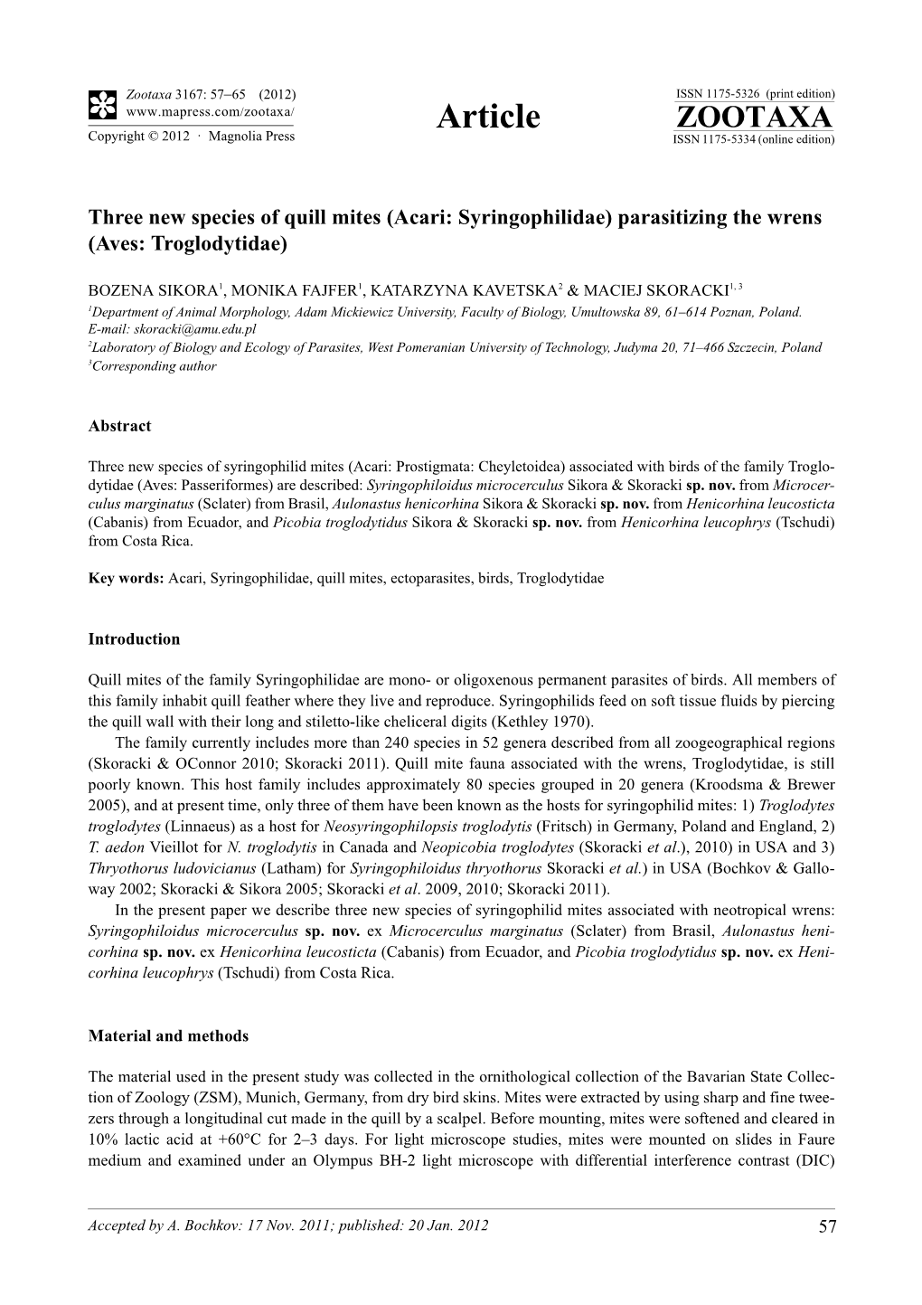 Acari: Syringophilidae) Parasitizing the Wrens (Aves: Troglodytidae