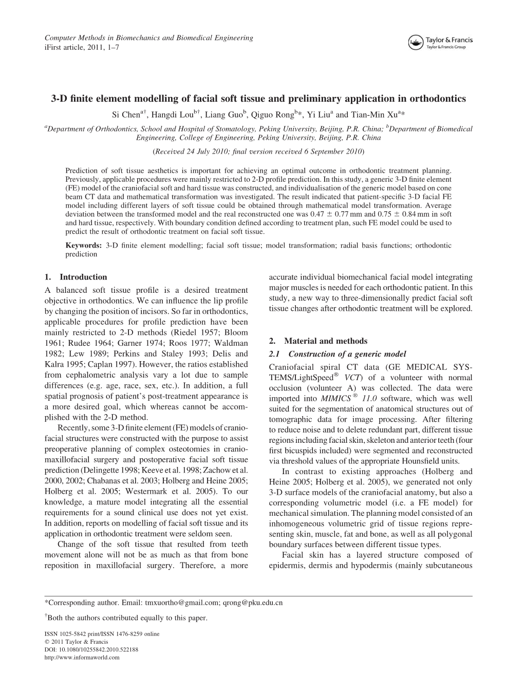 3-D Finite Element Modelling of Facial Soft Tissue and Preliminary