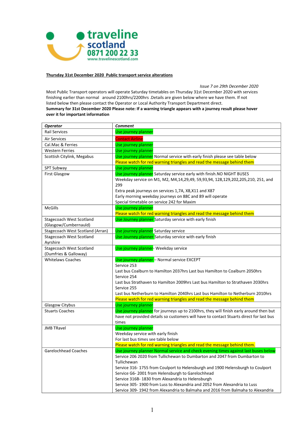 Thursday 31St December 2020 Public Transport Service Alterations Issue 7