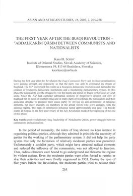 THE FIRST YEAR AFTER the IRAQI REVOLUTION - Cabdalkarlm QÄSIM BETWEEN COMMUNISTS and NATIONALISTS