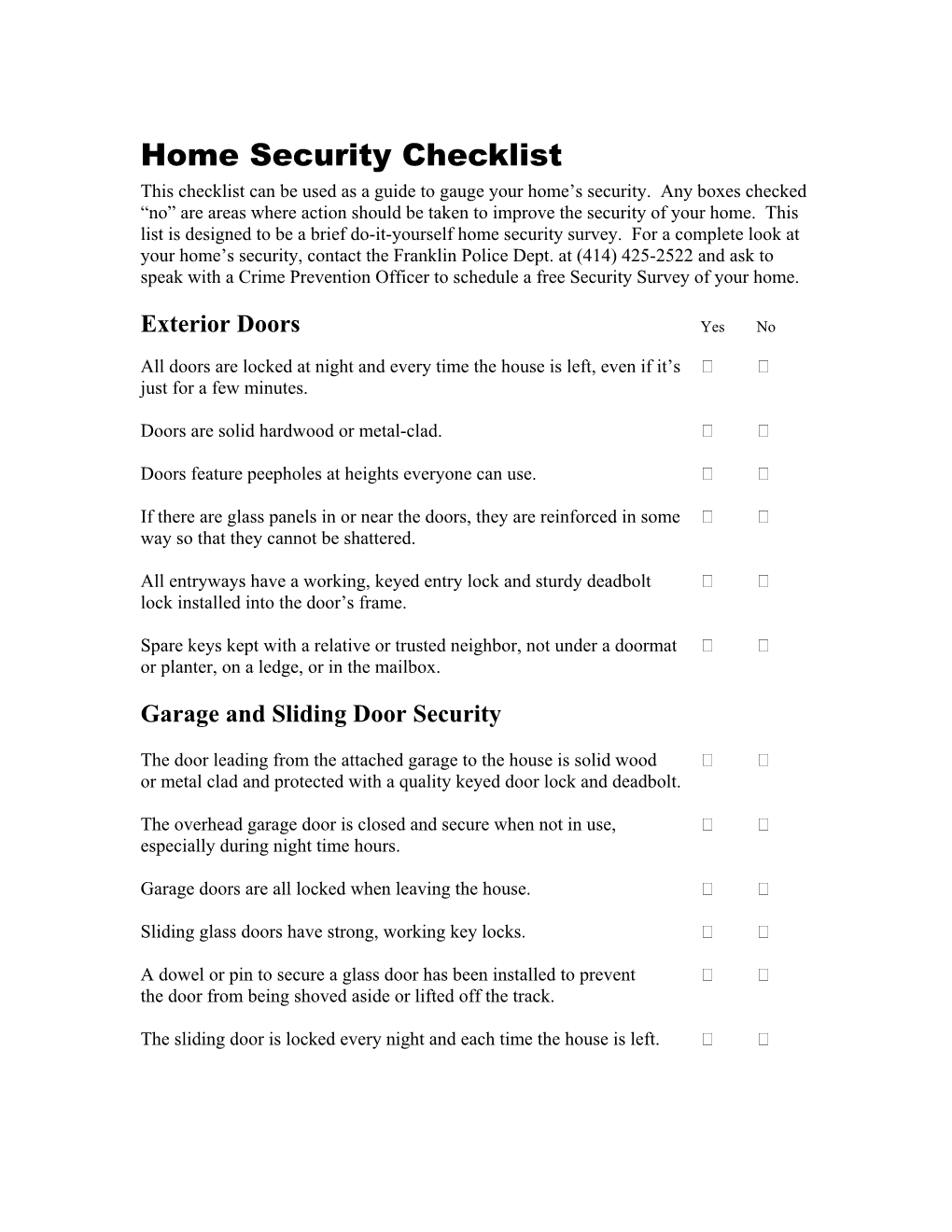 Home Security Checklist This Checklist Can Be Used As a Guide to Gauge Your Home’S Security