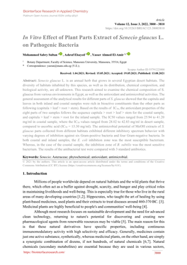 In Vitro Effect of Plant Parts Extract of Senecio Glaucus L. on Pathogenic Bacteria