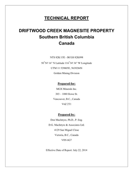 Technical Report Driftwood Creek Magnesite Property