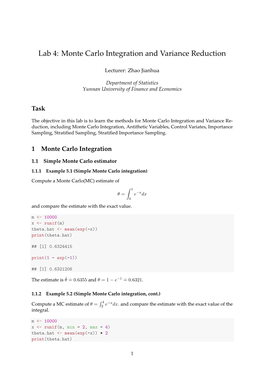 Lab 4: Monte Carlo Integration and Variance Reduction