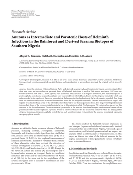 Anurans As Intermediate and Paratenic Hosts of Helminth Infections in the Rainforest and Derived Savanna Biotopes of Southern Nigeria