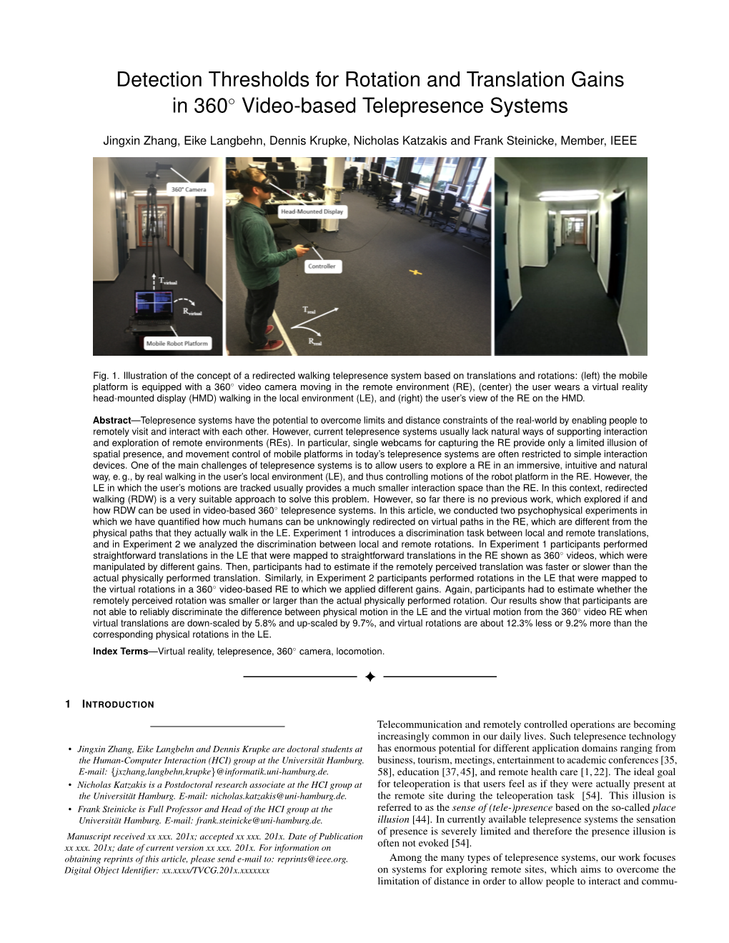 Detection Thresholds for Rotation and Translation Gains in 360 Video-Based Telepresence Systems