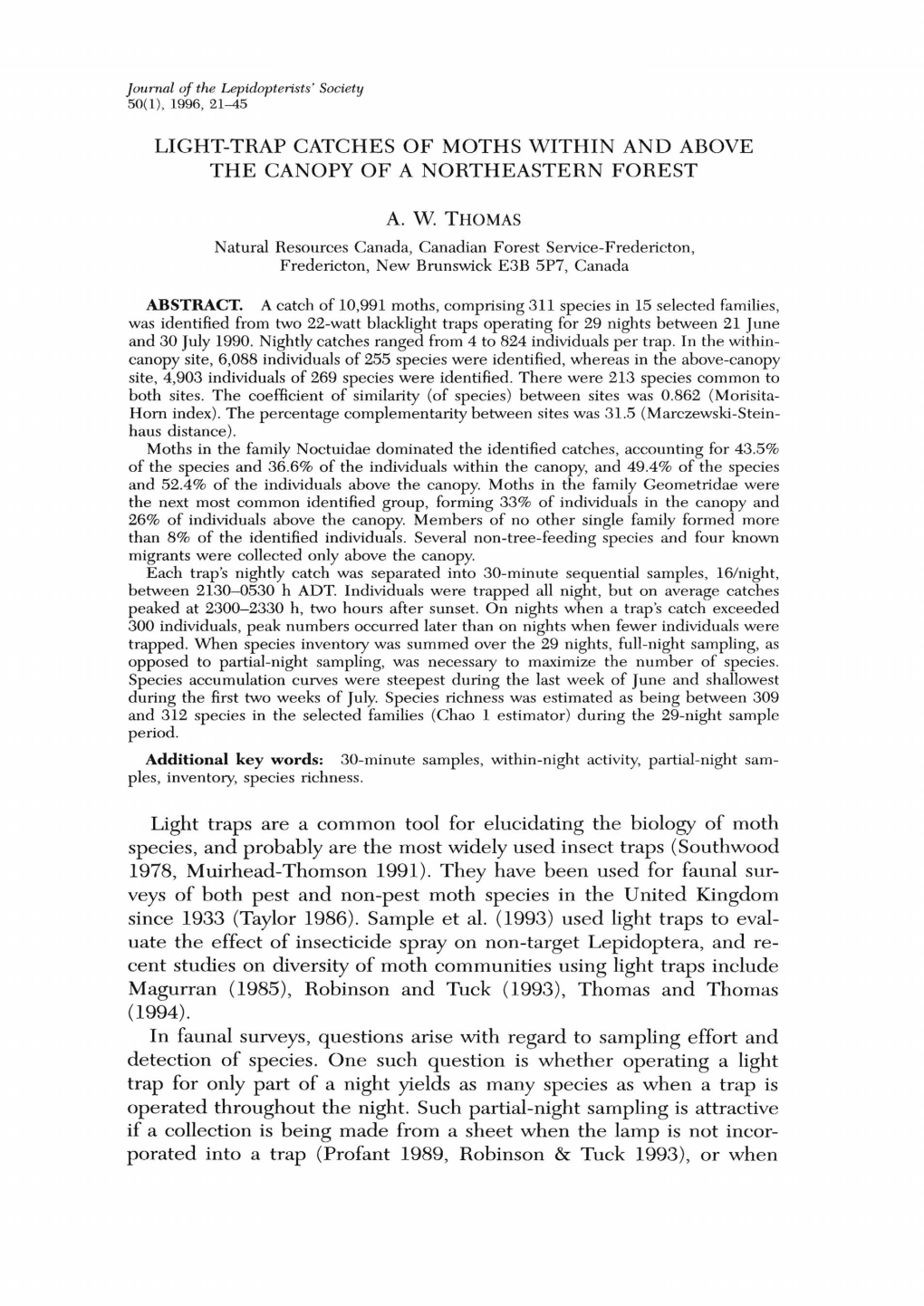 Light-Trap Catches of Moths Within and Above the Canopy of a Northeastern Forest