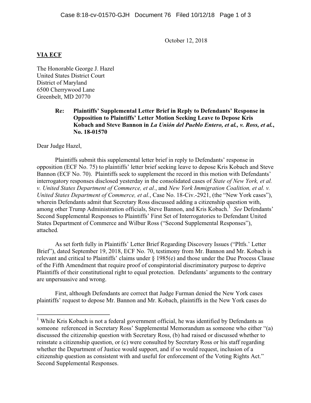 Plaintiffs' Letter Brief in Reply to Defendants' Response in Opposition to Letter Motion Re