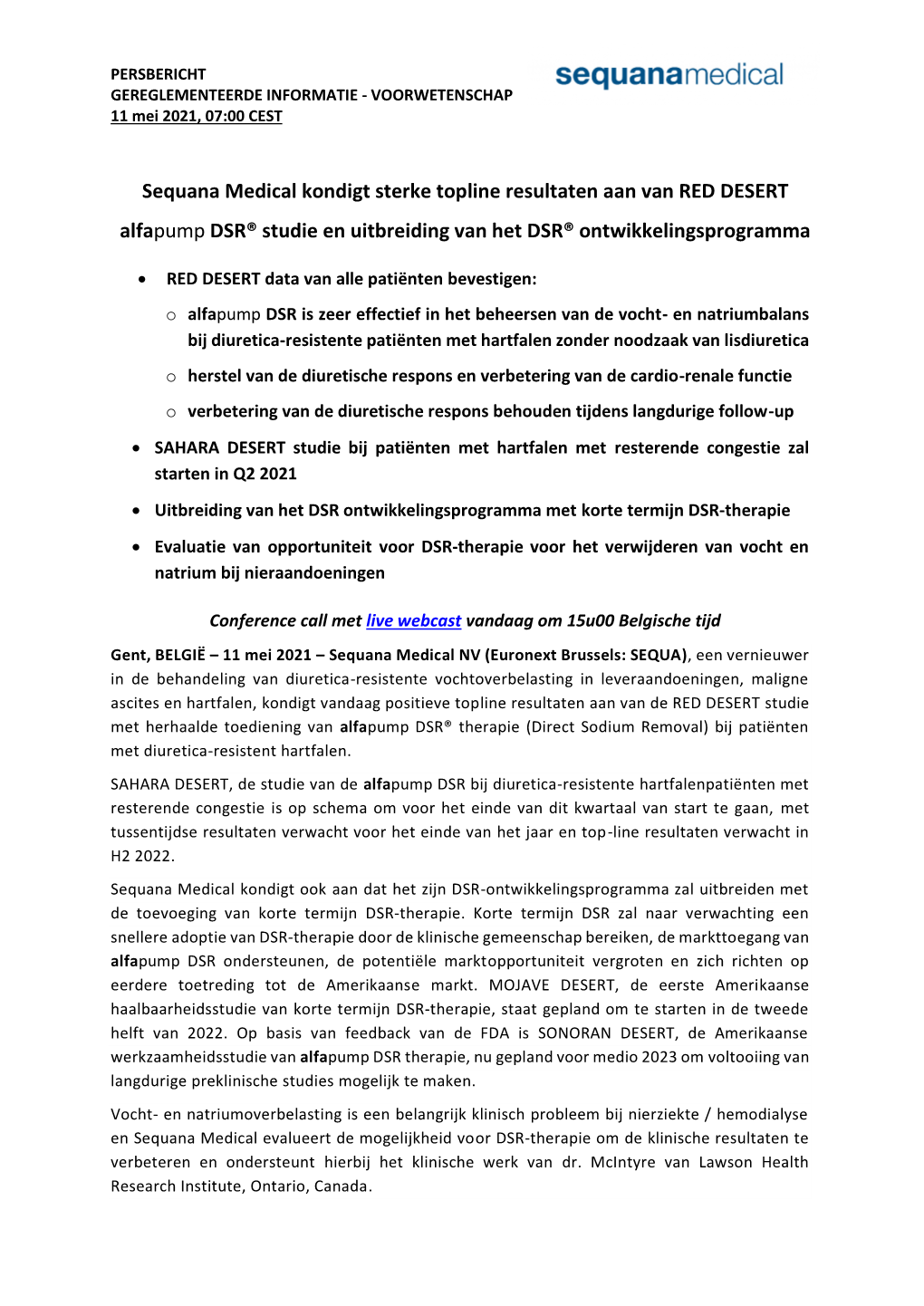 Sequana Medical Kondigt Sterke Topline Resultaten Aan Van RED DESERT Alfapump DSR® Studie En Uitbreiding Van Het DSR® Ontwikkelingsprogramma