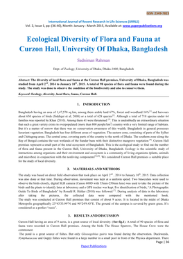 Ecological Diversity of Flora and Fauna at Curzon Hall, University of Dhaka, Bangladesh