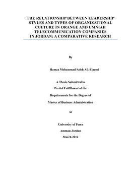 The Relationship Between Leadership Styles and Types of Organizational Culture in Orange and Umniah Telecommunication Companies in Jordan: a Comparative Research