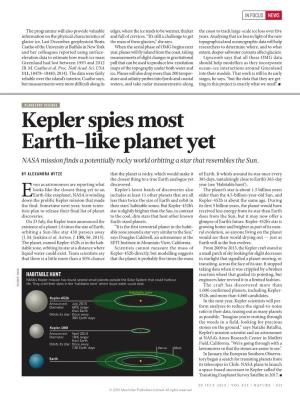 Kepler Spies Most Earth-Like Planet Yet NASA Mission Finds a Potentially Rocky World Orbiting a Star That Resembles the Sun