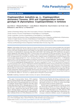 Cryptosporidium Testudinis Sp. N., Cryptosporidium Ducismarci Traversa, 2010 and Cryptosporidium Tortoise Genotype III (Apicomplexa: Cryptosporidiidae) in Tortoises