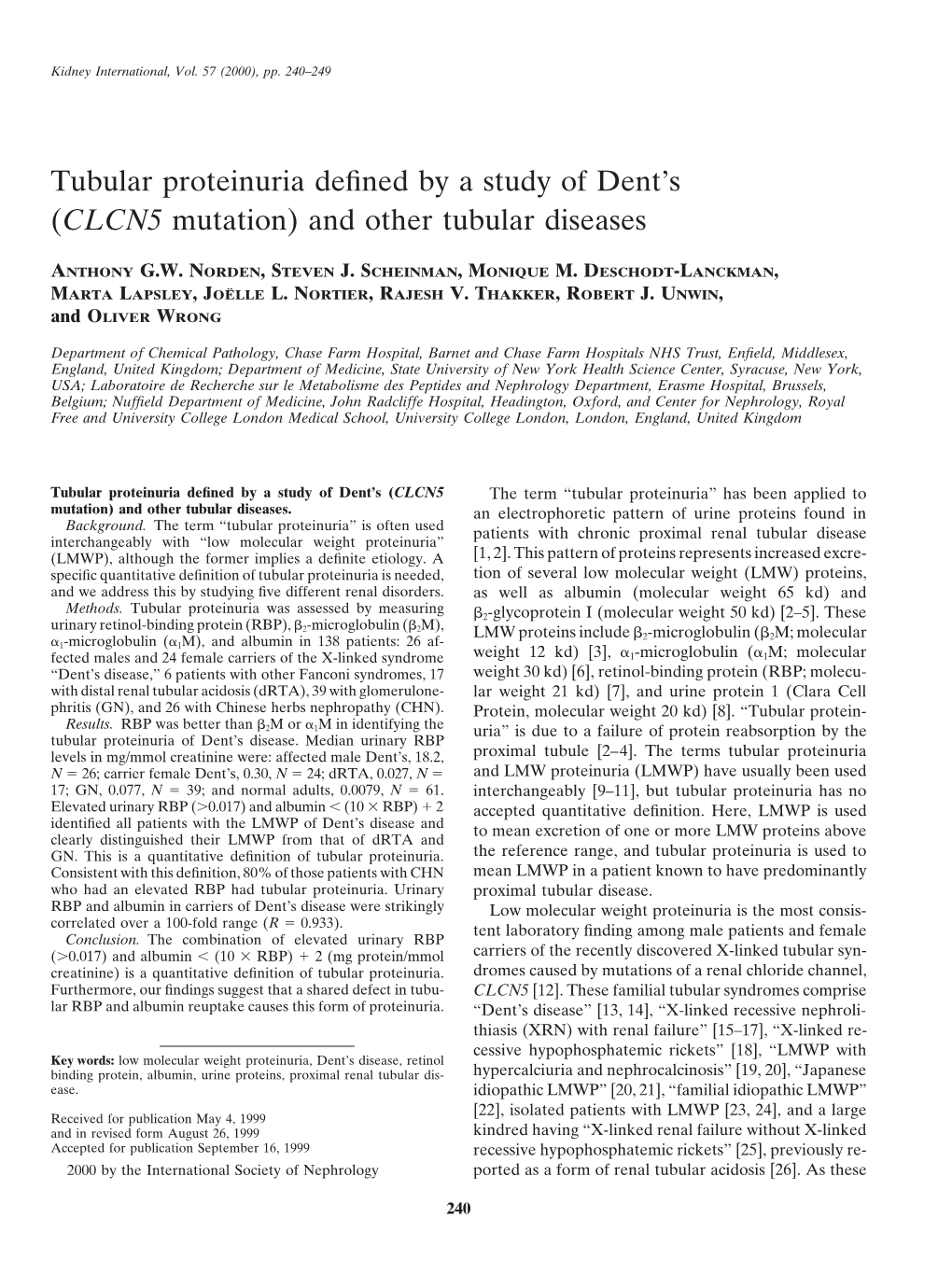 Tubular Proteinuria Defined by a Study of Dent's