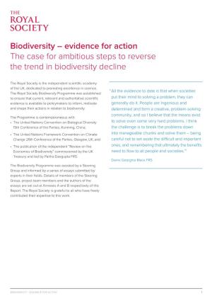 Biodiversity – Evidence for Action the Case for Ambitious Steps to Reverse the Trend in Biodiversity Decline