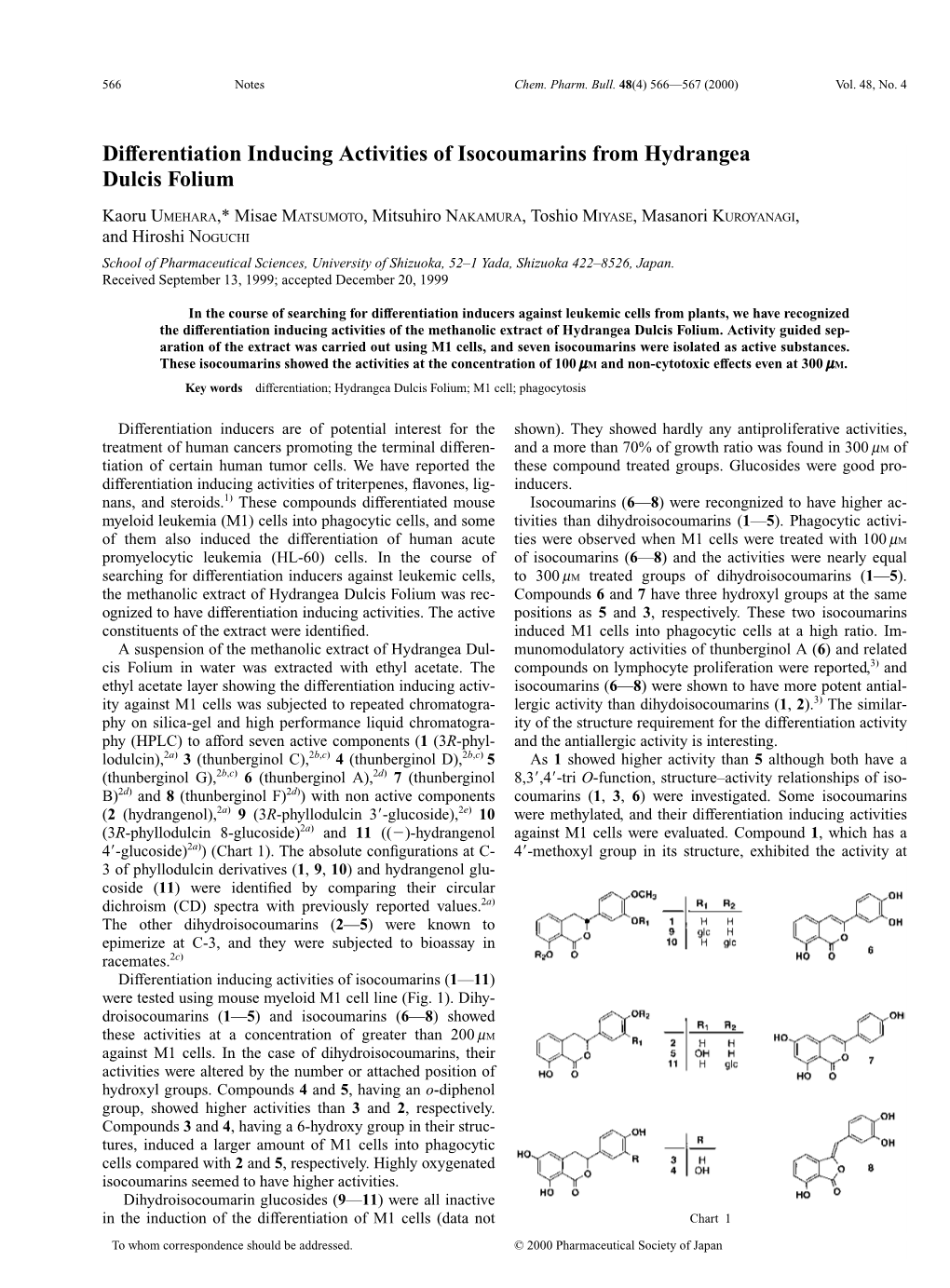 Differentiation Inducing Activities of Isocoumarins from Hydrangea Dulcis Folium