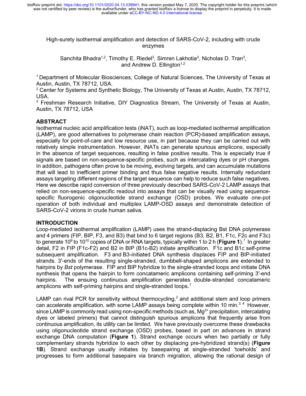 High-Surety Isothermal Amplification and Detection of SARS-Cov-2, Including with Crude Enzymes