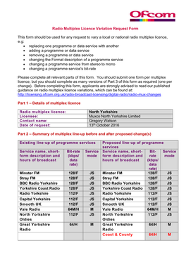 Radio Multiplex Licence Variation Request Form This Form Should Be