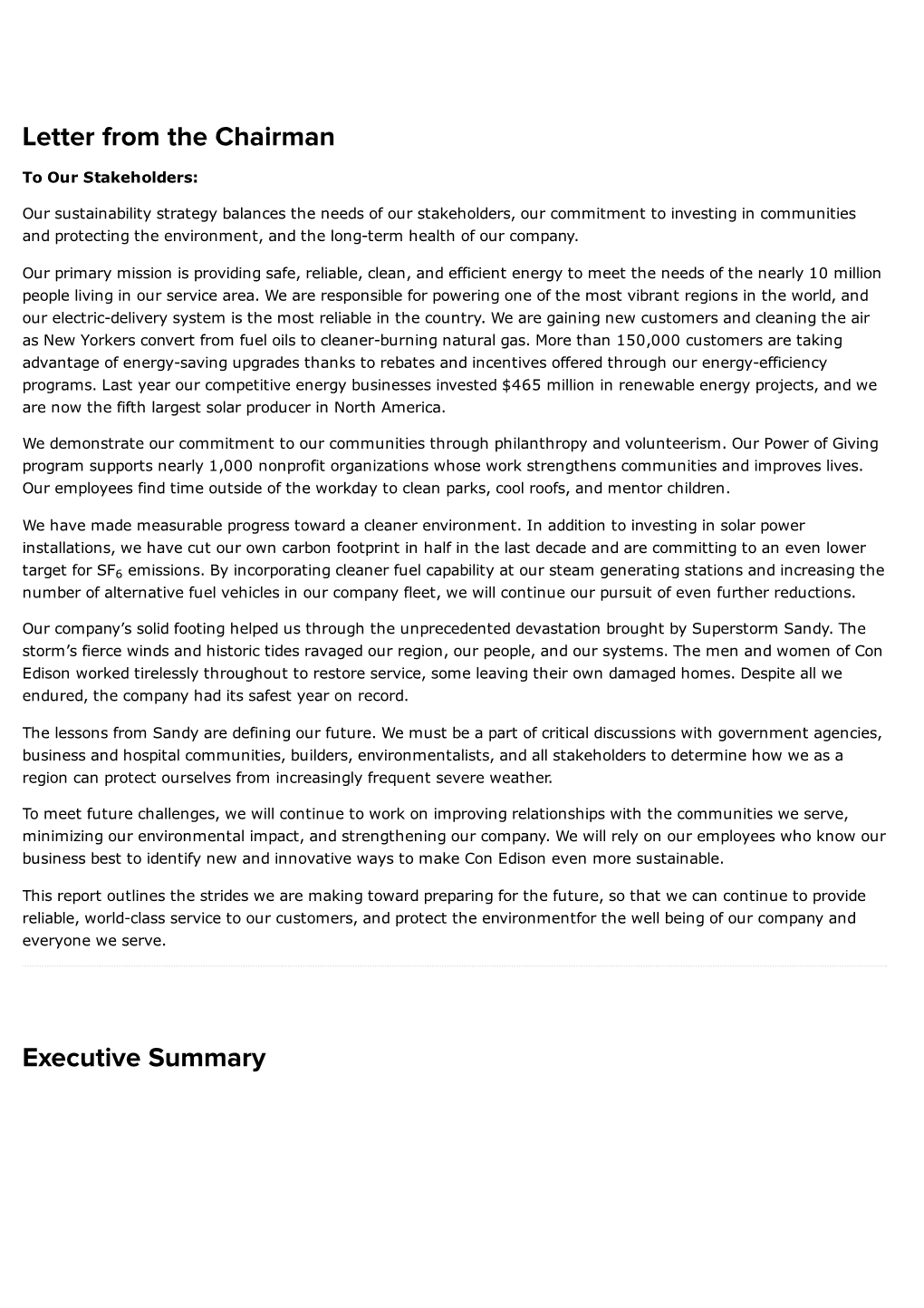 Letter from the Chairman Executive Summary