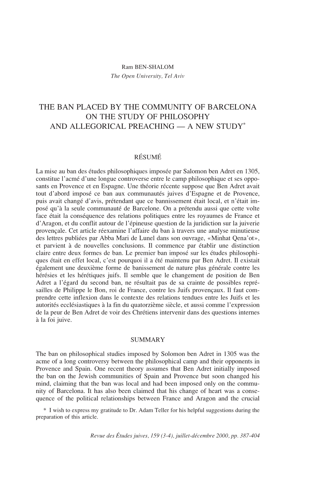 The Ban Placed by the Community of Barcelona on the Study of Philosophy and Allegorical Preaching — a New Study*