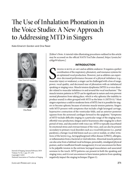 The Use of Inhalation Phonation in the Voice Studio: a New Approach to Addressing MTD in Singers