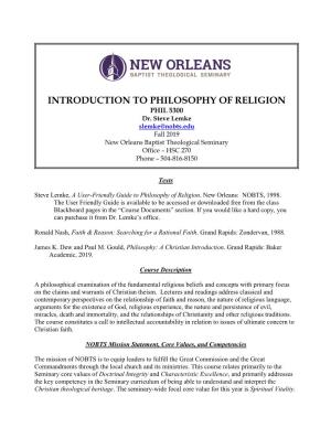INTRODUCTION to PHILOSOPHY of RELIGION PHIL 5300 Dr