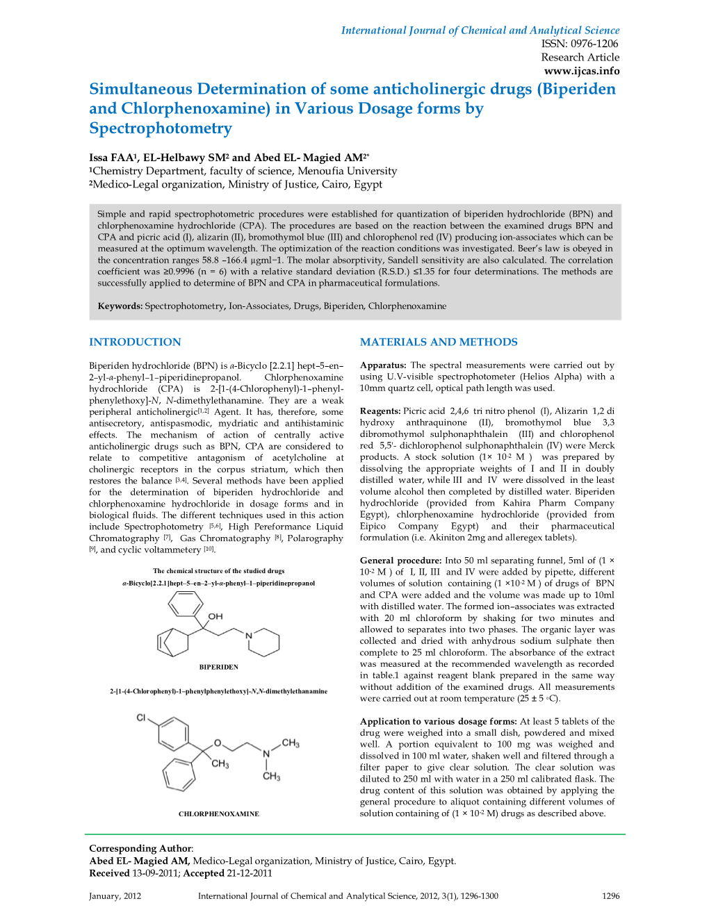 Biperiden and Chlorphenoxamine) in Various Dosage Forms by Spectrophotometry