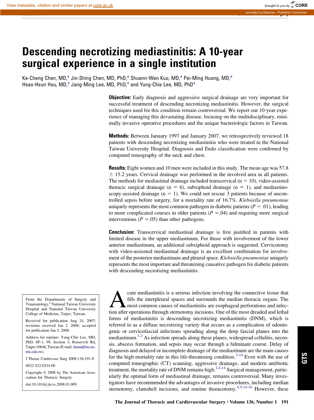 Descending Necrotizing Mediastinitis: a 10-Year Surgical Experience in a Single Institution