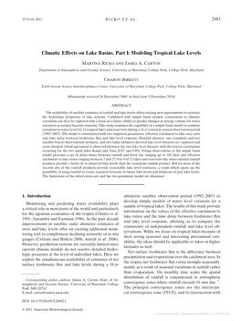 Climatic Effects on Lake Basins. Part I: Modeling Tropical Lake Levels