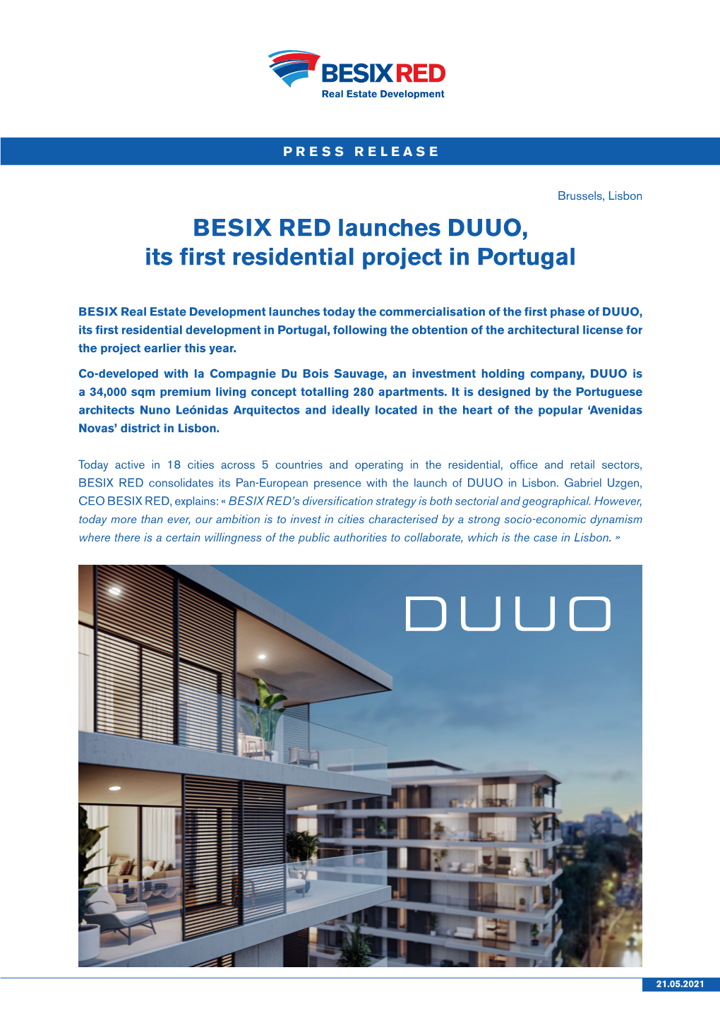 BESIX RED Launches DUUO, Its First Residential Project in Portugal