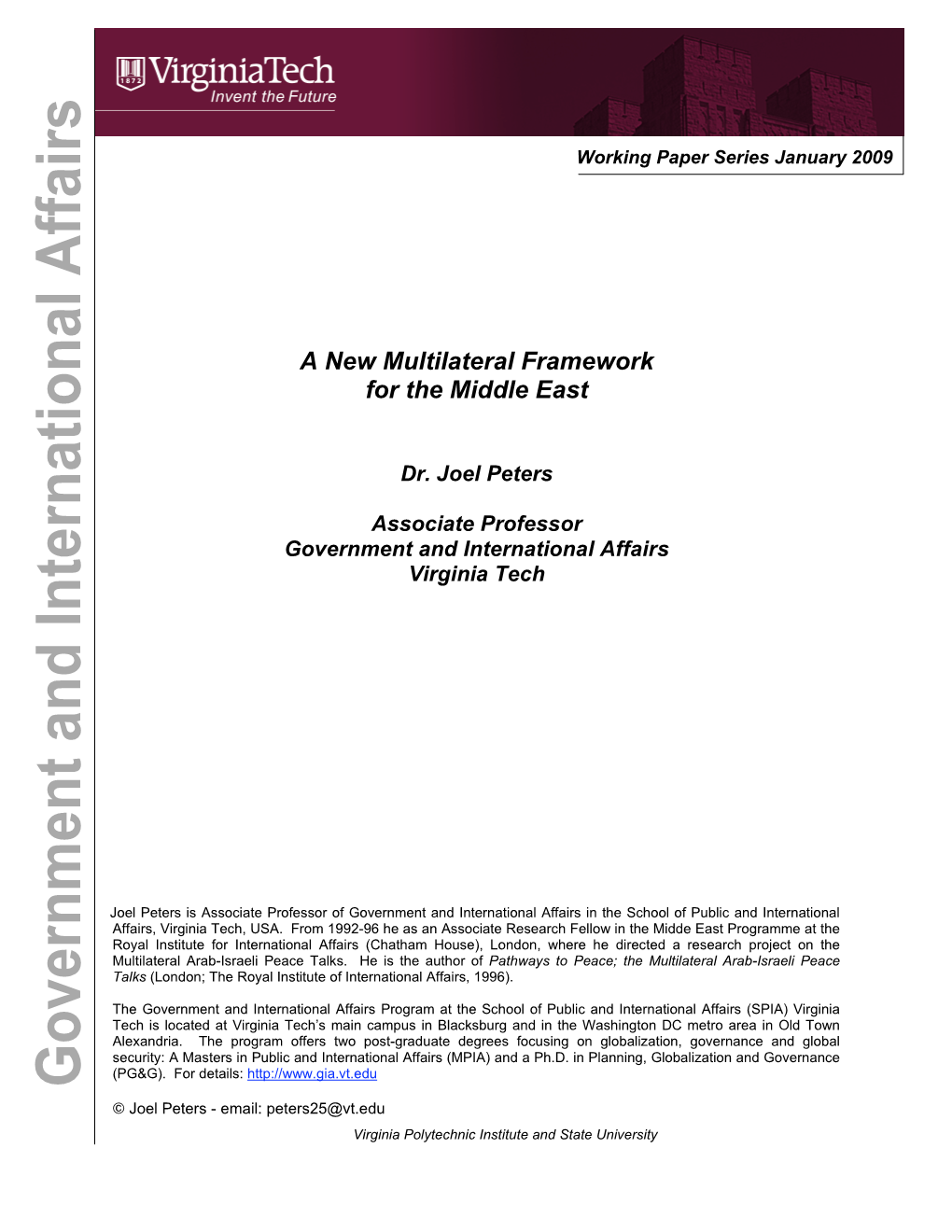 A New Multilateral Framework for the Middle East O I at Dr