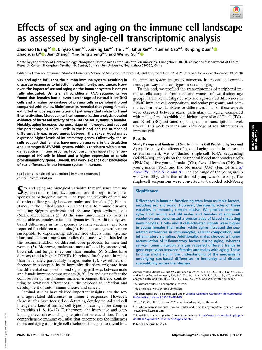 Effects of Sex and Aging on the Immune Cell Landscape As Assessed by Single-Cell Transcriptomic Analysis