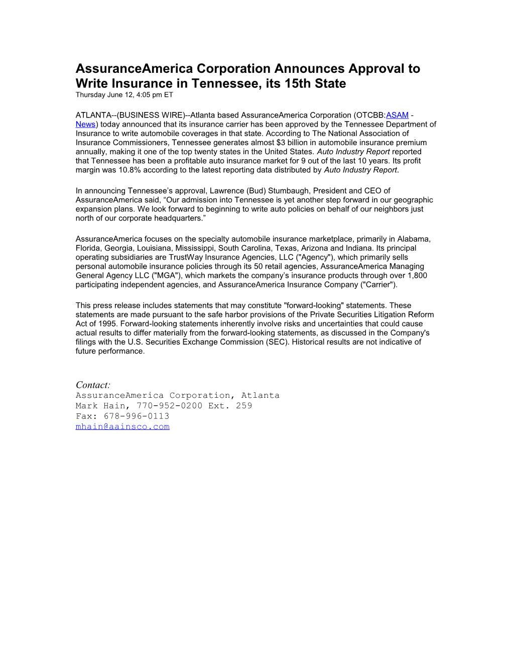 Assuranceamerica Corporation Announces Approval To Write Insurance In Tennessee, Its 15Th State