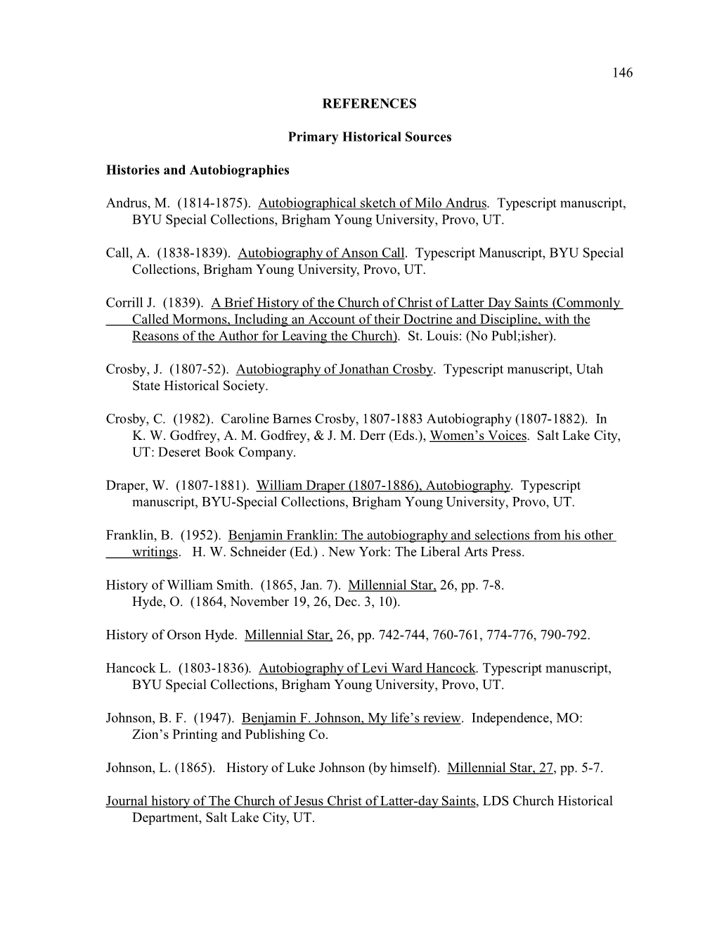 146 REFERENCES Primary Historical Sources Histories and Autobiographies Andrus, M. (1814-1875). Autobiographical Sketch Of