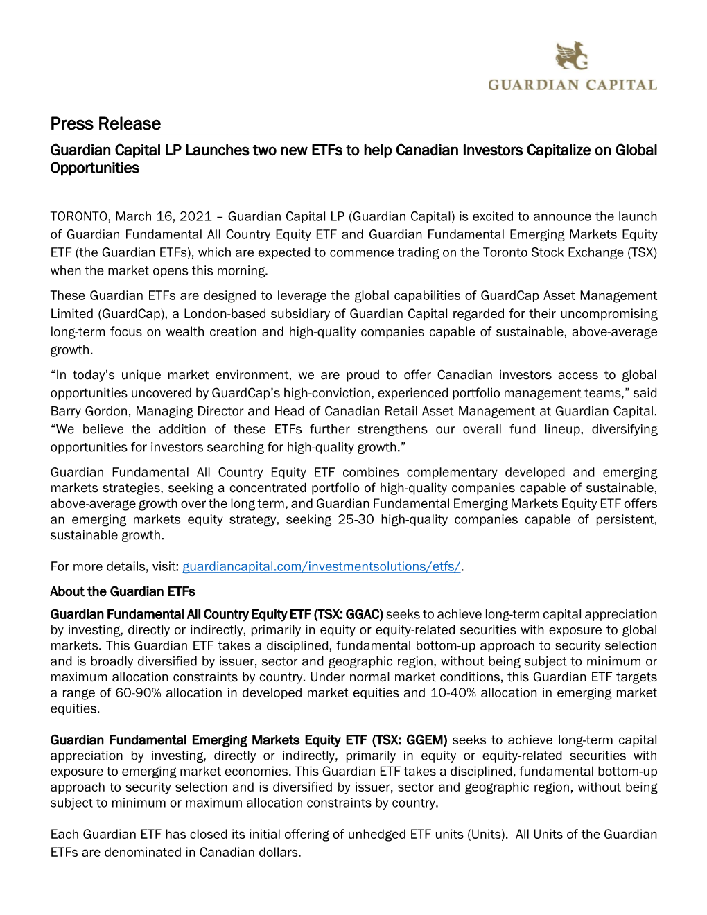 Guardian Capital LP Launches Two New Etfs to Help Canadian Investors Capitalize on Global Opportunities