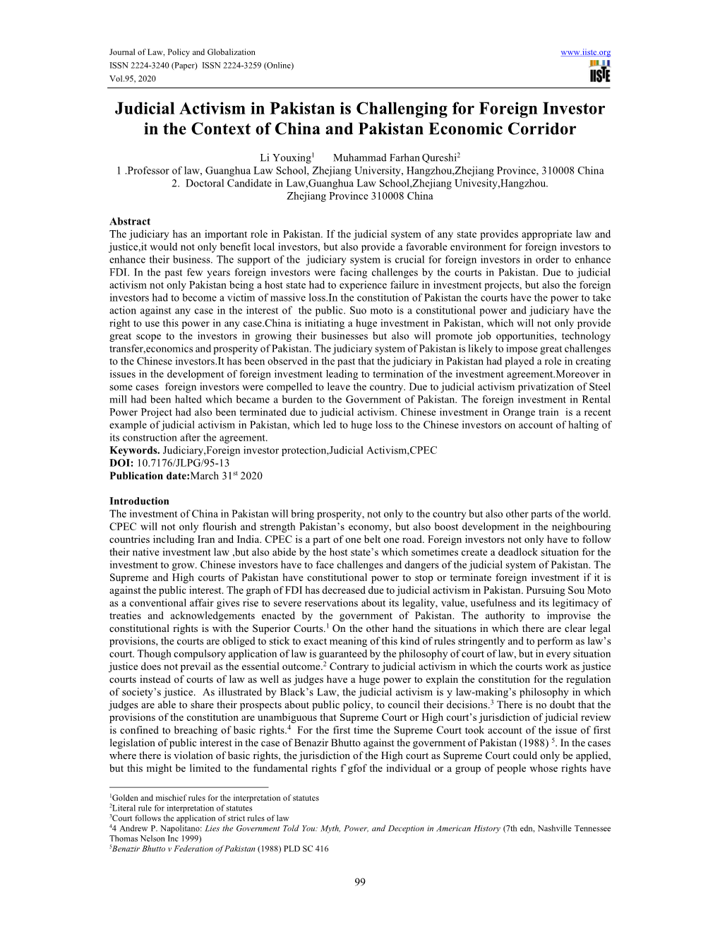 Judicial Activism in Pakistan Is Challenging for Foreign Investor in the Context of China and Pakistan Economic Corridor