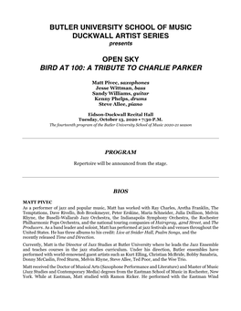 Butler University School of Music Duckwall Artist Series Open Sky Bird at 100: a Tribute to Charlie Parker
