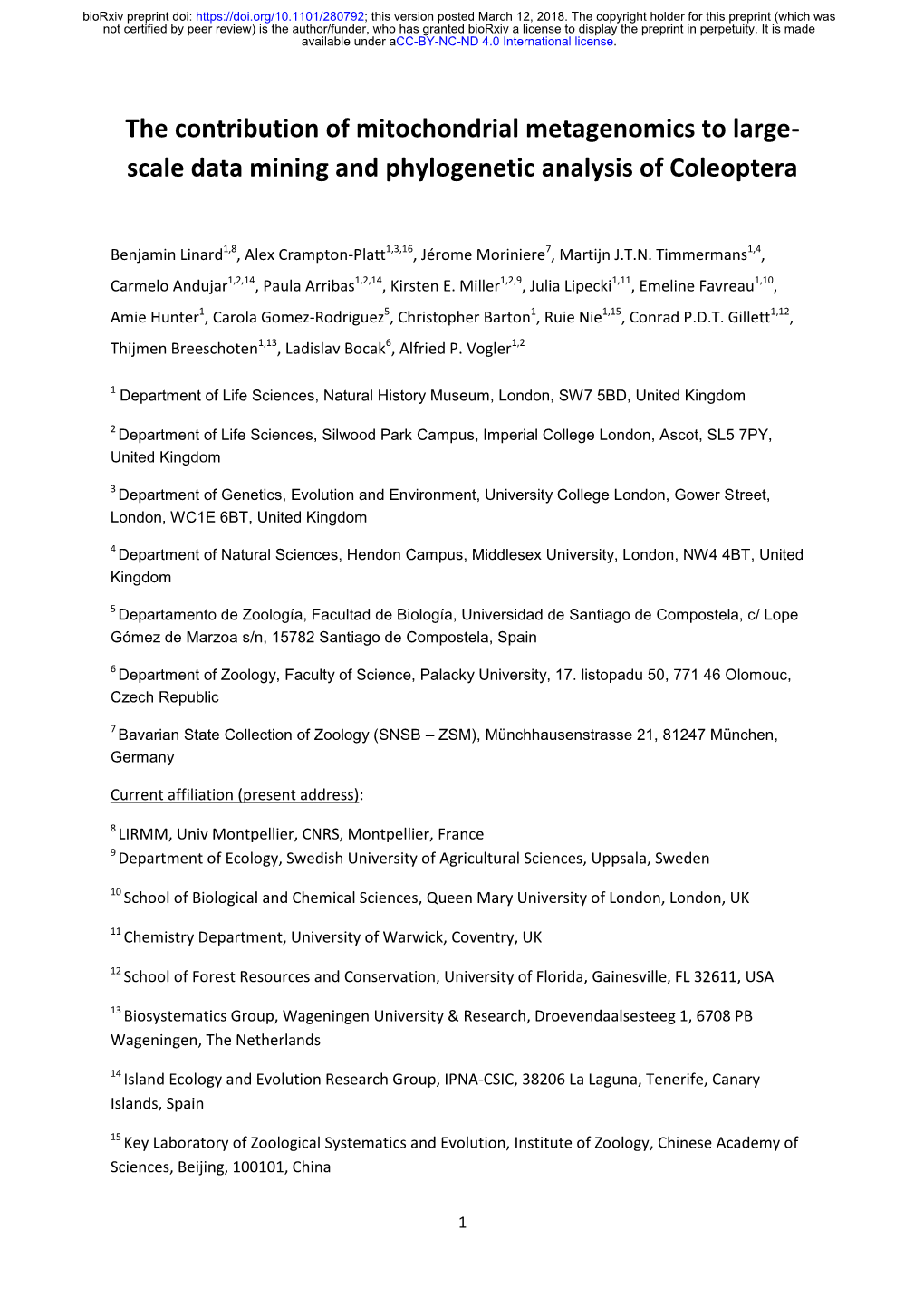 The Contribution of Mitochondrial Metagenomics to Large- Scale Data Mining and Phylogenetic Analysis of Coleoptera