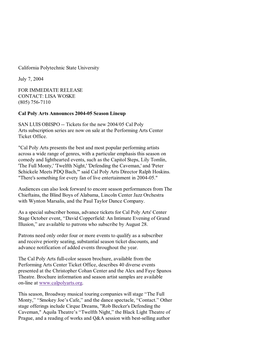 Cal Poly Arts Announces 2004-05 Season Lineup