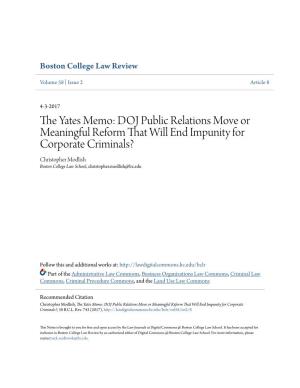The Yates Memo: DOJ Public Relations Move Or Meaningful Reform That Will End Impunity for Corporate Criminals?, 58 B.C.L