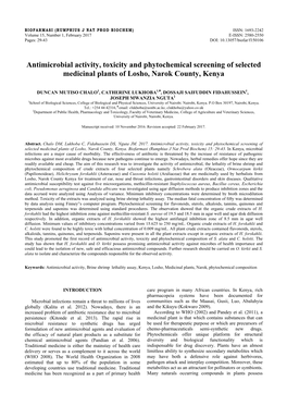 Antimicrobial Activity, Toxicity and Phytochemical Screening of Selected Medicinal Plants of Losho, Narok County, Kenya