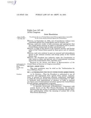 Public Law 107–40 107Th Congress Joint Resolution Sept